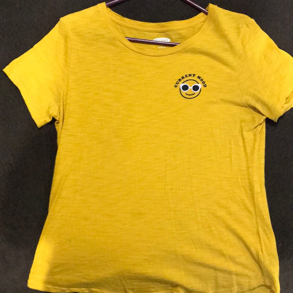 mustard yellow “current mood” tee